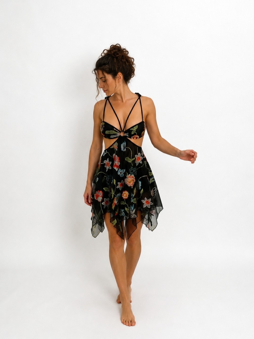 NWT Dolls Kill Club Exx black mesh fairy embroidery floral mini dress SZ XXS